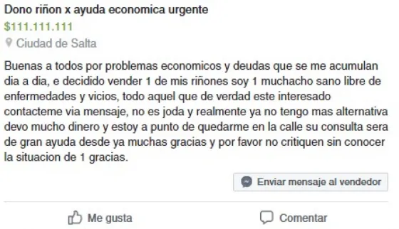 Puso en venta su riñón por problemas económicos