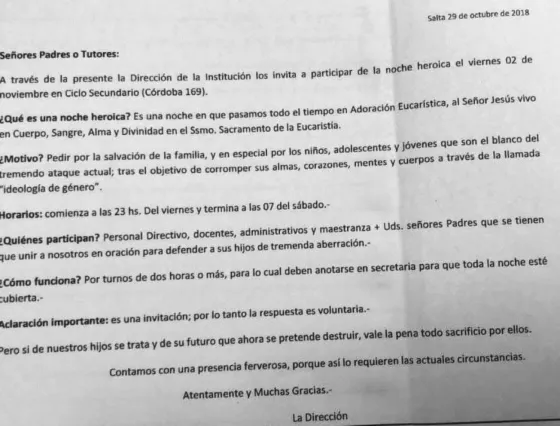 ¿Qué tal? Un colegio invita a padres a rezar toda la madrugada en contra de la Ideología de Género