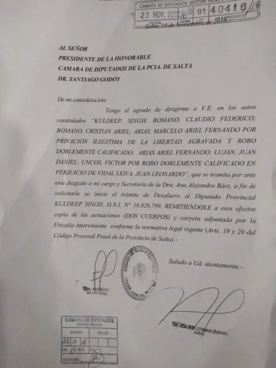 Solicitaron el desafuero de Kuldeep Singh