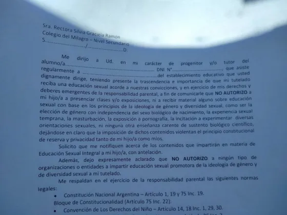Educación Sexual Integral: El Colegio del Milagro repartió una polémica nota