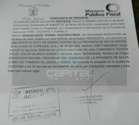 En Córdoba se robaron un vehículo oficial de la provincia de Salta