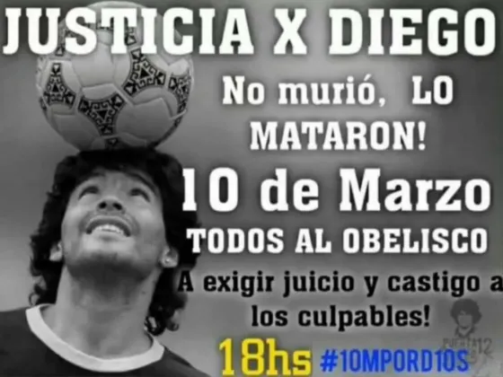 Convocan una marcha en el Obelisco por Maradona: "No murió, ¡lo mataron!”