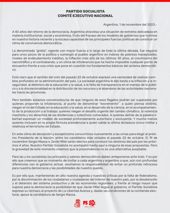 El Partido Socialista anunció que apoyará a Massa en el balotaje