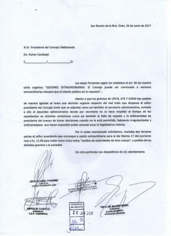 Nota ingresada al Concejo Deliberante de Orán