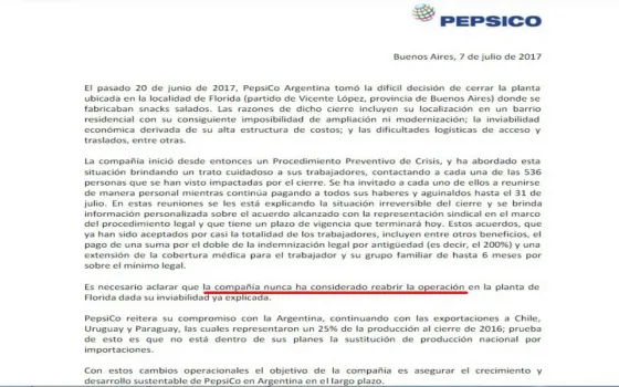 Enterate qué dijo PepsiCo tras la toma y desalojo de la planta