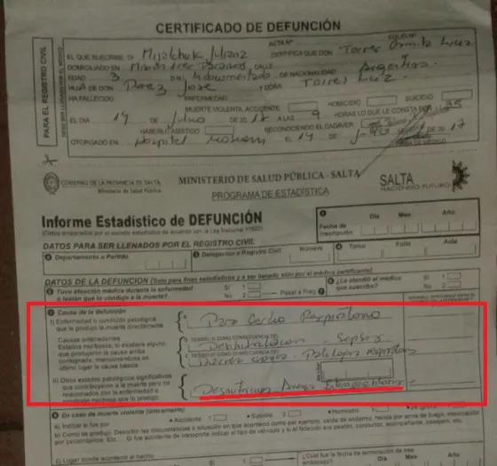 Certificado de defunción de una niña wichi por desnutrición