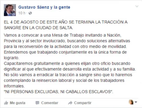 Publicación de facebook en la cuenta personal de Gustavo Sáenz, intendente de Salta Capital.