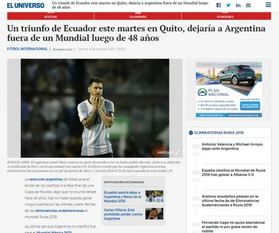 Así titulan los diarios de Ecuador sobre “dejar afuera a argentina del mundial”