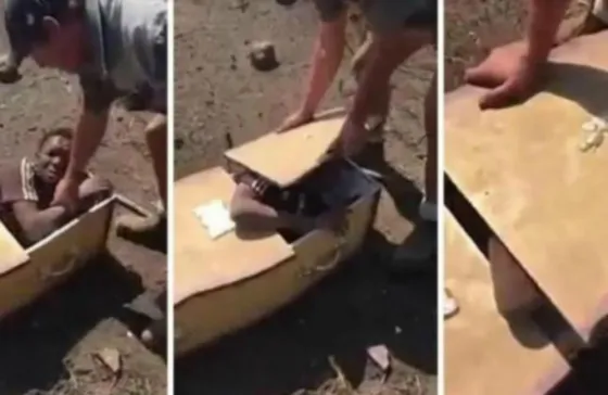 Obligan a joven ladrón a meterse adentro de un ataúd. VIDEO