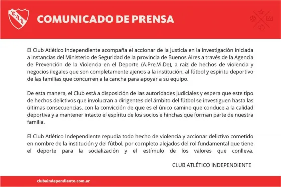 Con un comunicado, Independiente se puso al margen de la detención de Noray Nakis