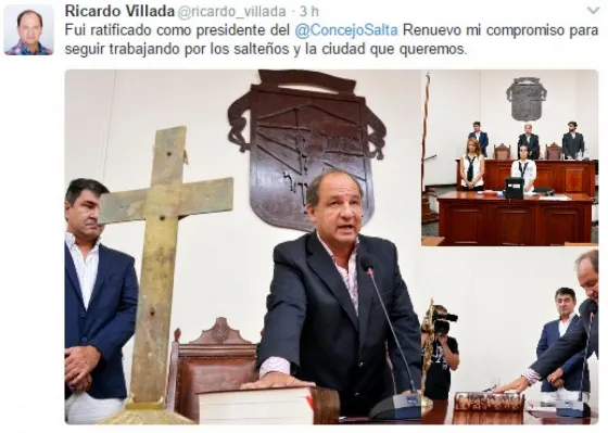 Publicación de Twitter del Concejal Ricardo Villada, luego de su reelección.